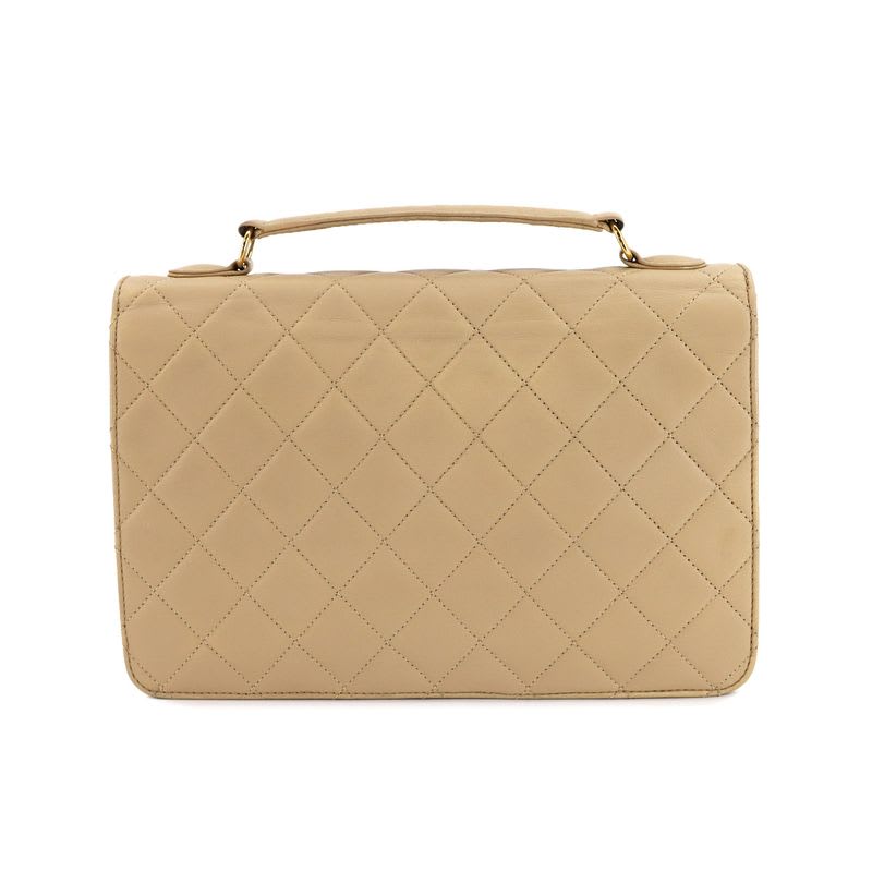 Chanel Chanel Quilted Double Turnlock 2-Way Hand Chain Shoulder Bag Lambskin Beige