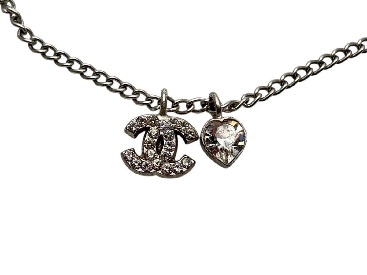 Chanel 04A CC Logo Heart Necklace 04 42 Rhinestone Metal Clear Silver — view 2