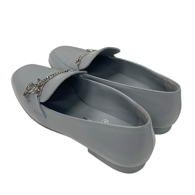 Chanel Loafers Shoes Leather Gray Silver Chain Here Mark