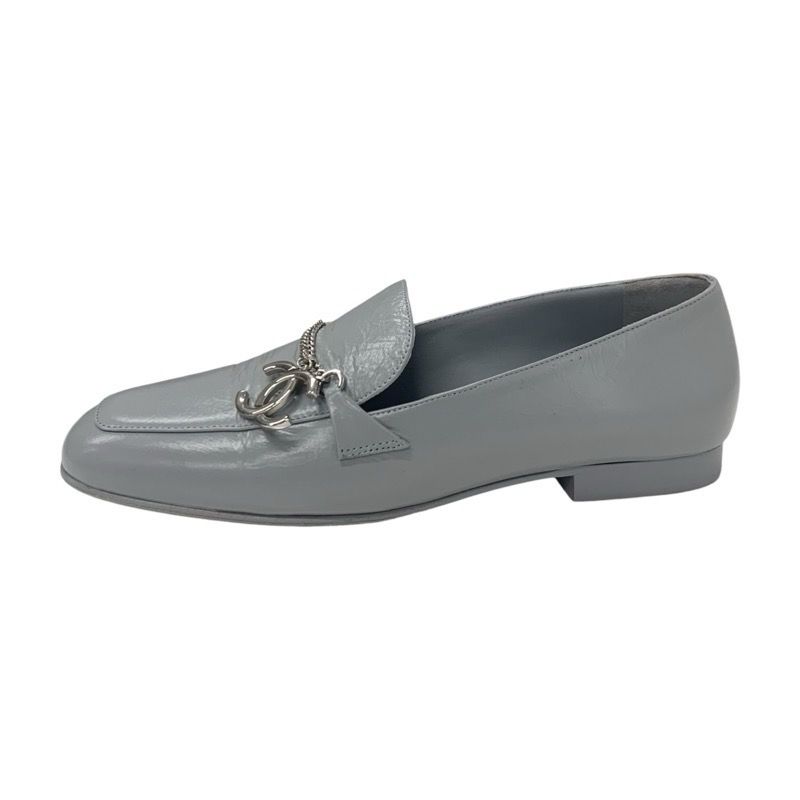 Chanel Loafers Shoes Leather Gray Silver Chain Here Mark