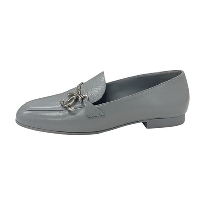 Chanel Loafers Shoes Leather Gray Silver Chain Here Mark