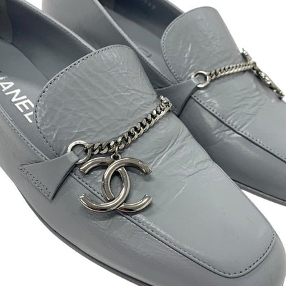 Chanel Loafers Shoes Leather Gray Silver Chain Here Mark
