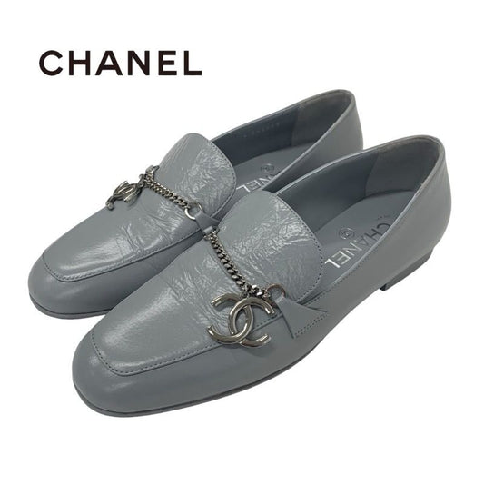 Chanel Loafers Shoes Leather Gray Silver Chain Here Mark