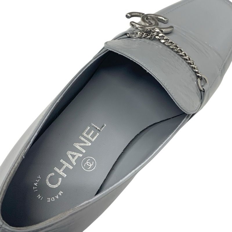 Chanel Loafers Shoes Leather Gray Silver Chain Here Mark