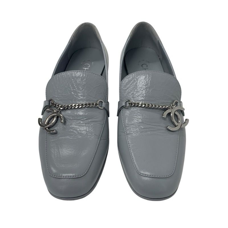 Chanel Loafers Shoes Leather Gray Silver Chain Here Mark