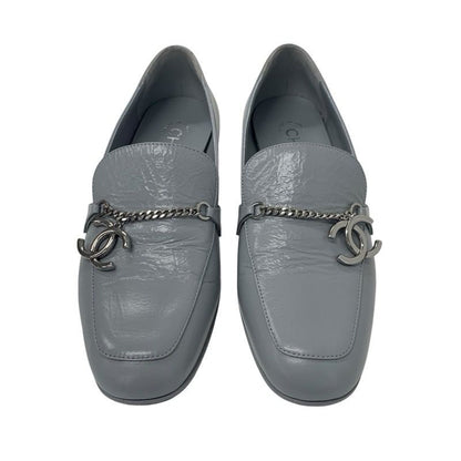 Chanel Loafers Shoes Leather Gray Silver Chain Here Mark