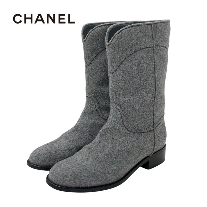 Chanel Boots Short Boots Shoes Wool Gray Here Mark Middle Boots
