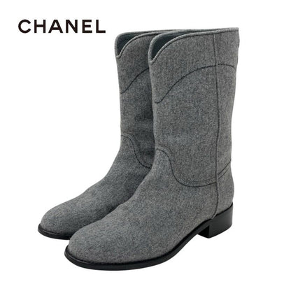 Chanel Boots Short Boots Shoes Wool Gray Here Mark Middle Boots