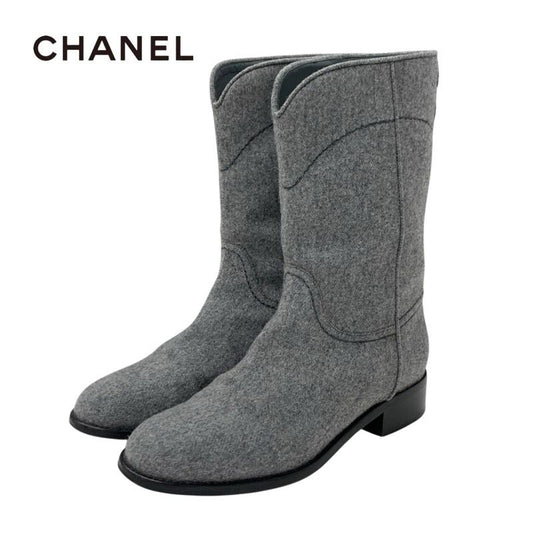 Chanel Boots Short Boots Shoes Wool Gray Here Mark Middle Boots