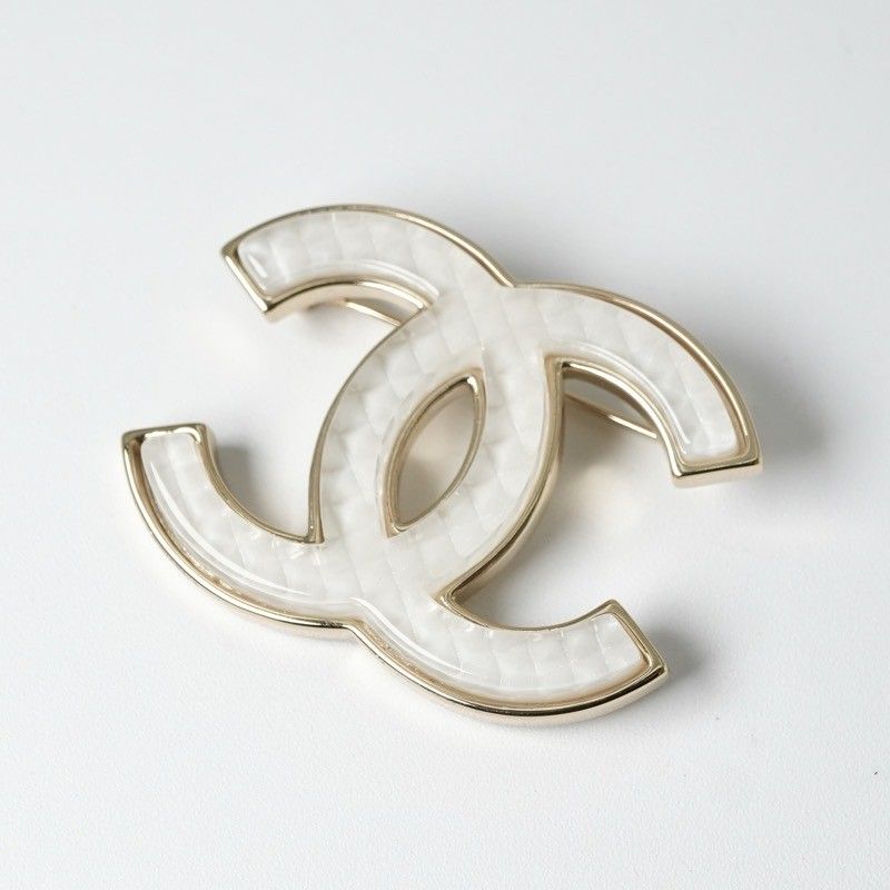 Chanel Brooch Corsage Gold White Here Mark
