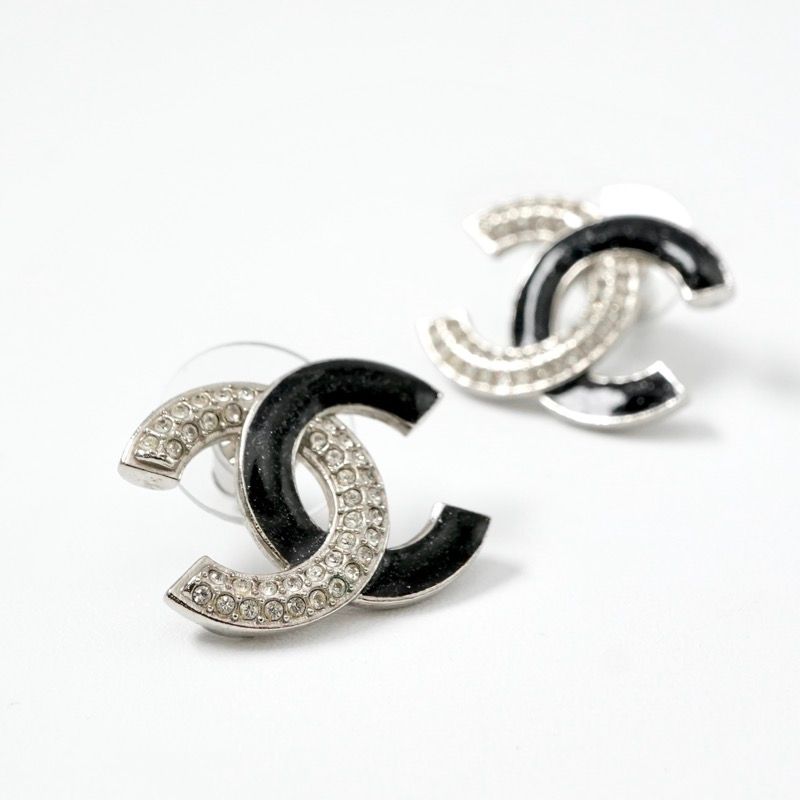 Chanel Earrings Earring Silver Black Coco Mark Rhinestone