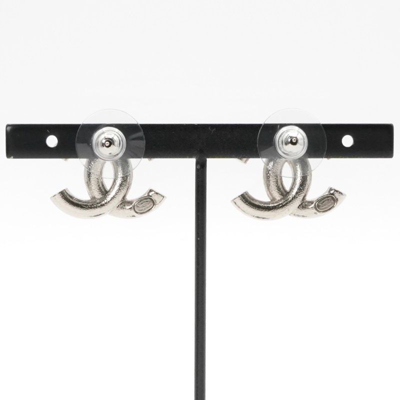 Chanel Earrings Earring Silver Black Coco Mark Rhinestone