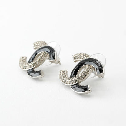 Chanel Earrings Earring Silver Black Coco Mark Rhinestone