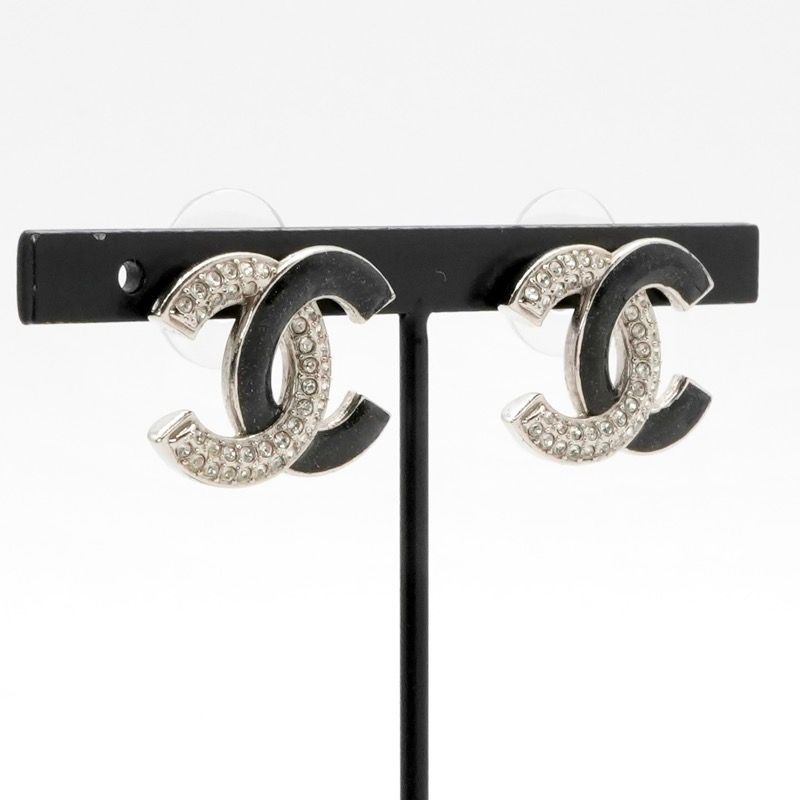 Chanel Earrings Earring Silver Black Coco Mark Rhinestone