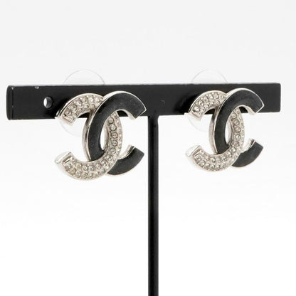 Chanel Earrings Earring Silver Black Coco Mark Rhinestone