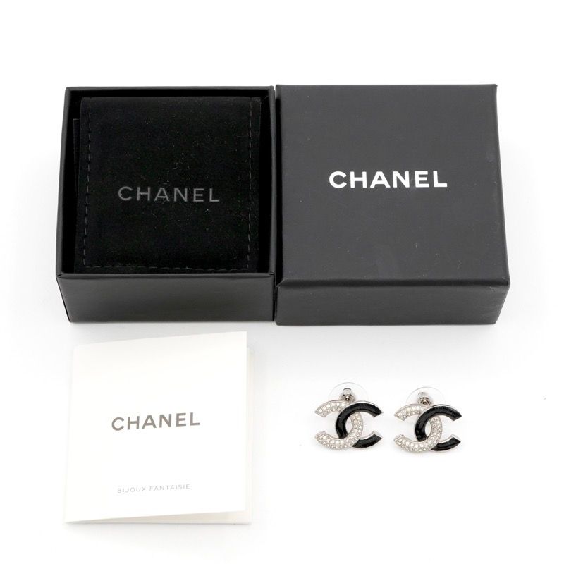 Chanel Earrings Earring Silver Black Coco Mark Rhinestone