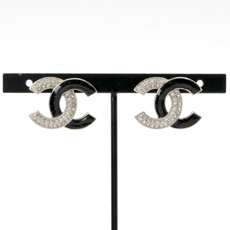 Chanel Earrings Earring Silver Black Coco Mark Rhinestone