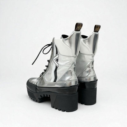 Louis Vuitton Laurie Line Boots Short Shoes Leather Patent Silver Black