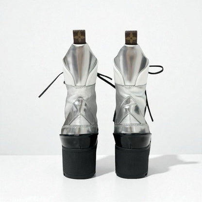 Louis Vuitton Laurie Line Boots Short Shoes Leather Patent Silver Black