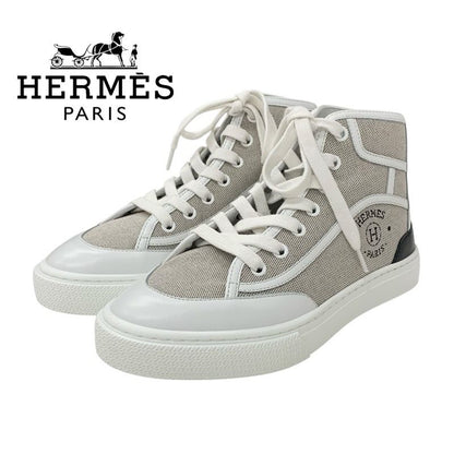 Hermes Get Up Sneakers Shoes Canvas Leather Beige White Unused High Cut