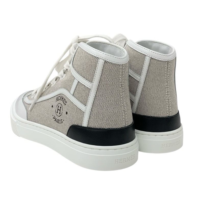 Hermes Get Up Sneakers Shoes Canvas Leather Beige White Unused High Cut