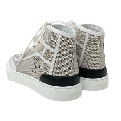 Hermes Get Up Sneakers Shoes Canvas Leather Beige White Unused High Cut