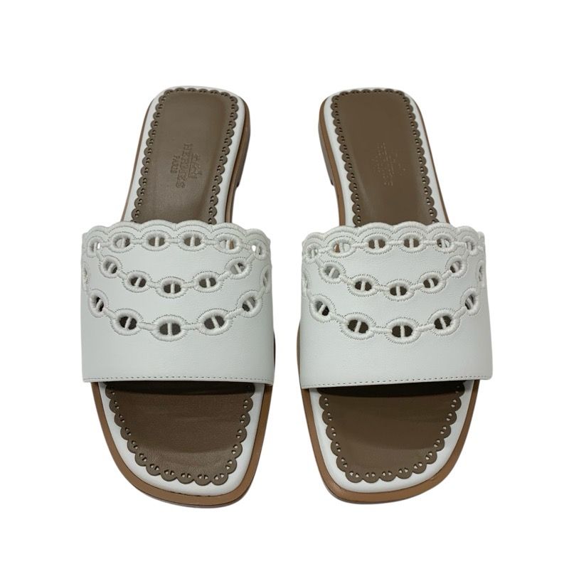 Hermes Frog Sandals Shoes Leather White Unused Chaine D'ancre Mule Flat Sandals
