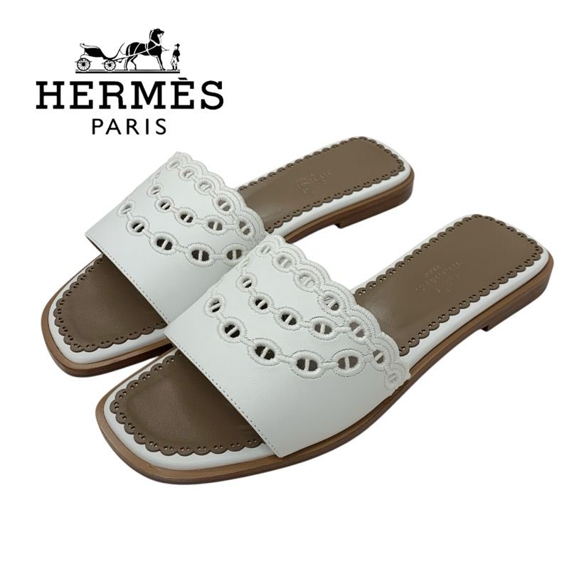 Hermes Frog Sandals Shoes Leather White Unused Chaine D'ancre Mule Flat Sandals