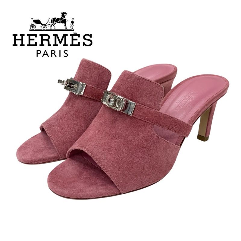 Hermes Cute Sandals Shoes Suede Pink Silver Unused Kelly Hardware Mules