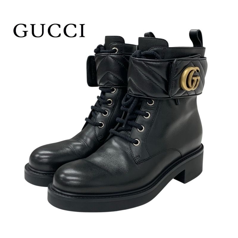 Gucci Double G Boots Short Boots Shoes Leather Black Gold Quilted Ggmarmont