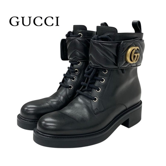 Gucci Double G Boots Short Boots Shoes Leather Black Gold Quilted Ggmarmont