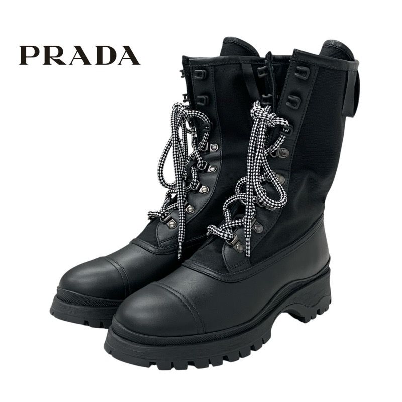 Prada Boots Short Boots Shoes Leather Fabric Black Logo Lace Up Middle Boots