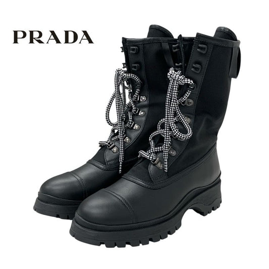Prada Boots Short Boots Shoes Leather Fabric Black Logo Lace Up Middle Boots