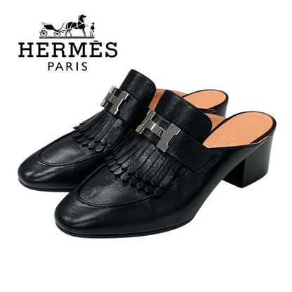 Hermes Cheilly Loafer Leather Shoes Leather Black Silver Hhardware Constance