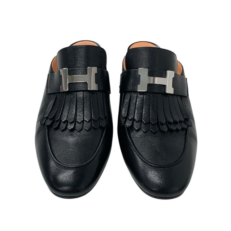 Hermes Cheilly Loafer Leather Shoes Leather Black Silver Hhardware Constance