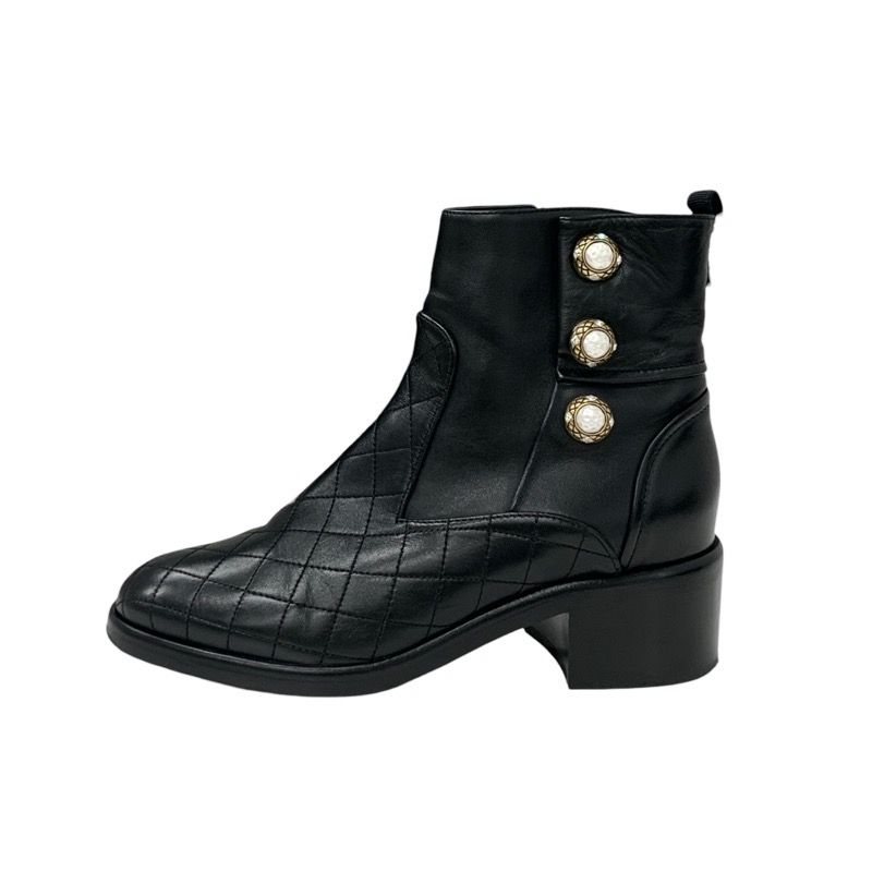 Chanel Boots Short Boots Shoes Leather Black Matelasse Coco Mark Pearl Bijou