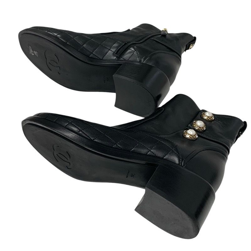 Chanel Boots Short Boots Shoes Leather Black Matelasse Coco Mark Pearl Bijou