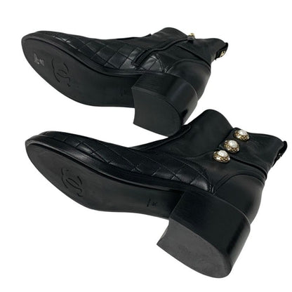 Chanel Boots Short Boots Shoes Leather Black Matelasse Coco Mark Pearl Bijou
