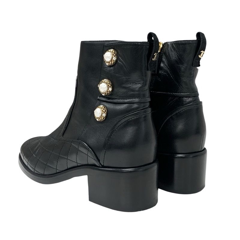 Chanel Boots Short Boots Shoes Leather Black Matelasse Coco Mark Pearl Bijou