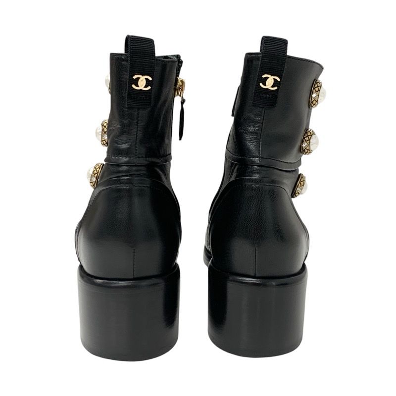 Chanel Boots Short Boots Shoes Leather Black Matelasse Coco Mark Pearl Bijou