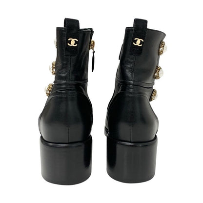 Chanel Boots Short Boots Shoes Leather Black Matelasse Coco Mark Pearl Bijou