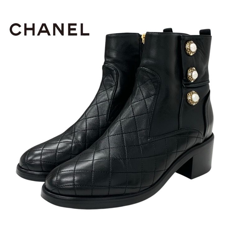 Chanel Boots Short Boots Shoes Leather Black Matelasse Coco Mark Pearl Bijou