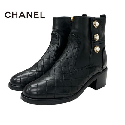 Chanel Boots Short Boots Shoes Leather Black Matelasse Coco Mark Pearl Bijou