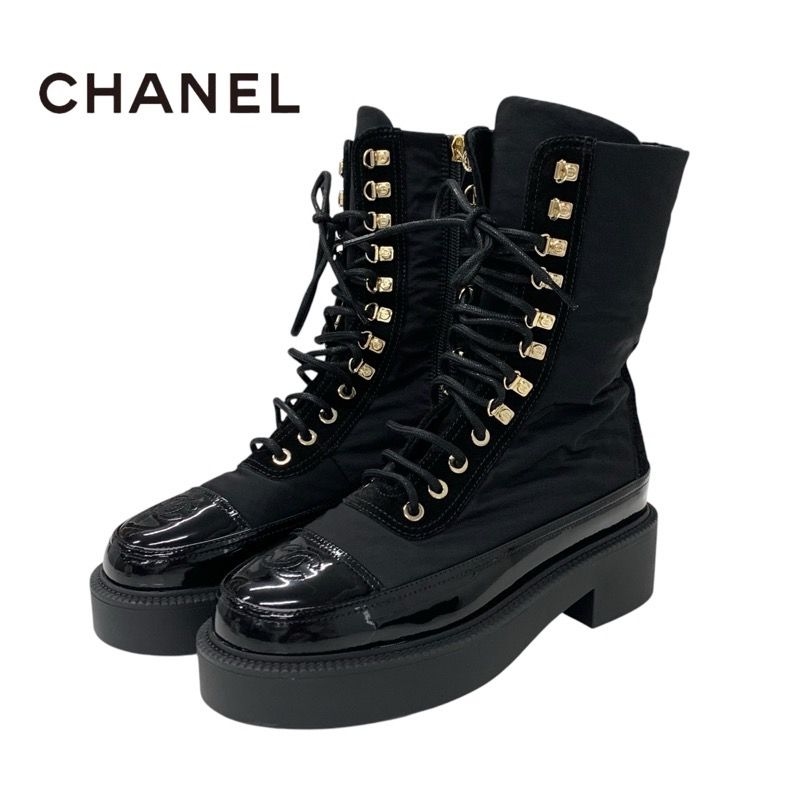 Chanel Boots Short Boots Shoes Nylon Patent Black Gold Here Mark Lace Up