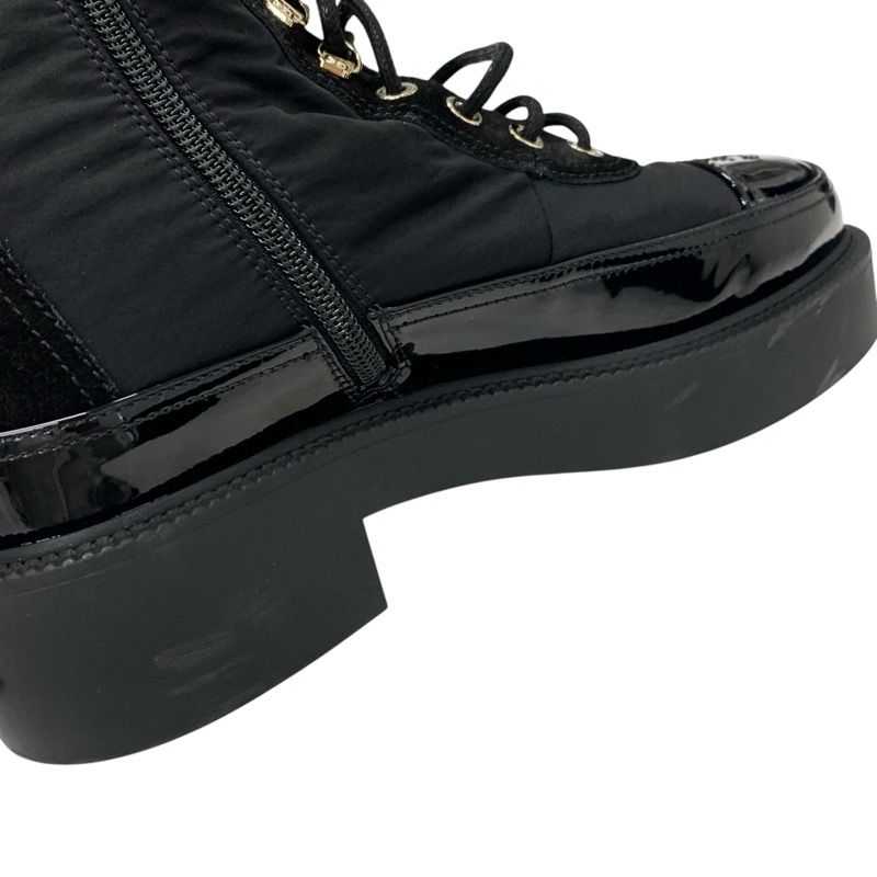 Chanel Boots Short Boots Shoes Nylon Patent Black Gold Here Mark Lace Up