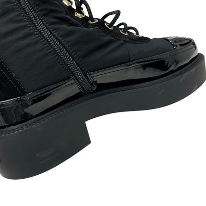 Chanel Boots Short Boots Shoes Nylon Patent Black Gold Here Mark Lace Up