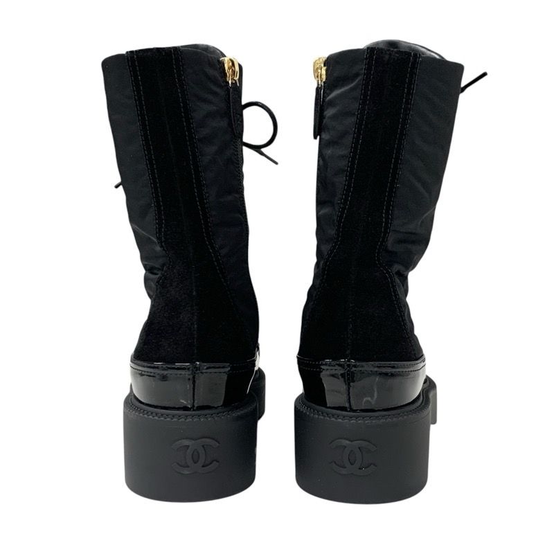 Chanel Boots Short Boots Shoes Nylon Patent Black Gold Here Mark Lace Up