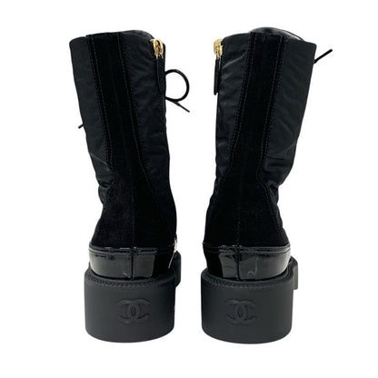 Chanel Boots Short Boots Shoes Nylon Patent Black Gold Here Mark Lace Up