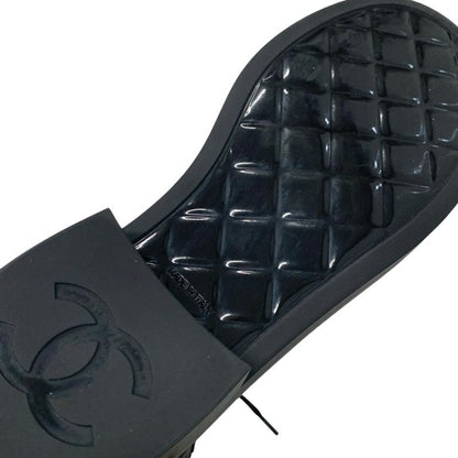 Chanel Boots Short Boots Shoes Nylon Patent Black Gold Here Mark Lace Up