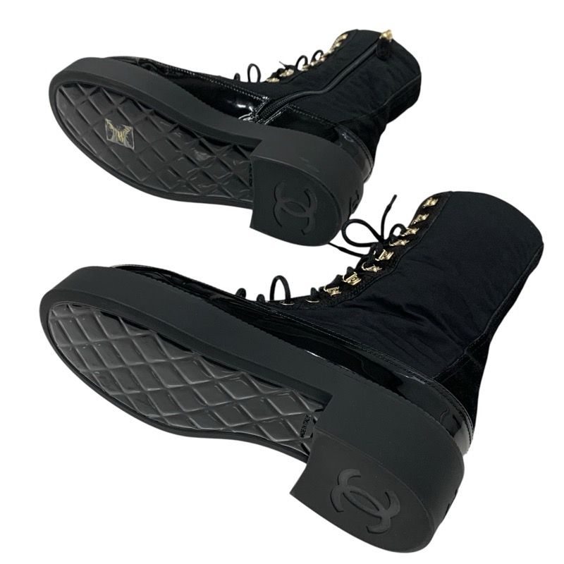 Chanel Boots Short Boots Shoes Nylon Patent Black Gold Here Mark Lace Up